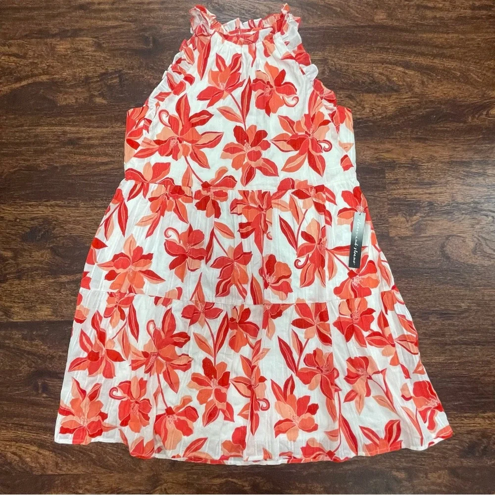 NWT Clover And Sloane Deep Coral & White Floral Tiered Cotton Dress Size Large - Picture 3 of 10